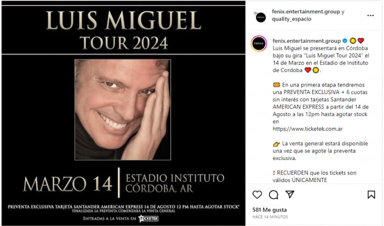 Luis Miguel en Córdoba: cómo comprar entradas y cuándo salen a la venta