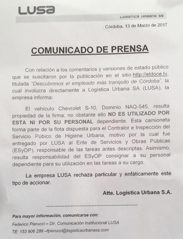 Lusa se despegó del empleado que dormía la siesta en la camioneta 