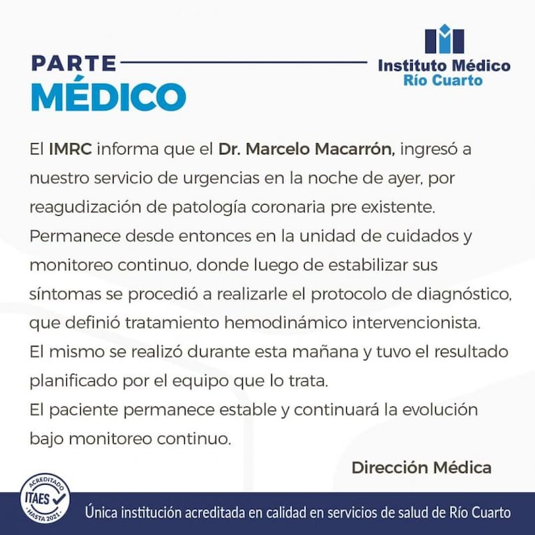 Macarrón seguirá internado: cuál es su estado de salud