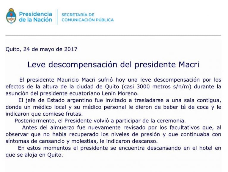 Macri se descompensó en Ecuador y canceló su agenda