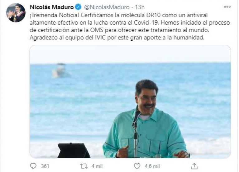 Maduro dijo que Venezuela encontró una medicina que “anula el 100% el coronavirus”