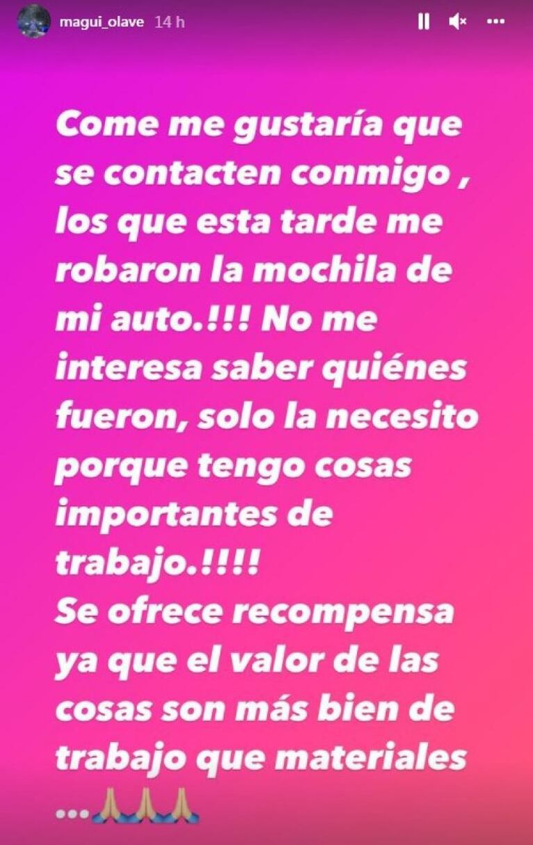 Magui Olave sufrió un robo y ofrece recompensa