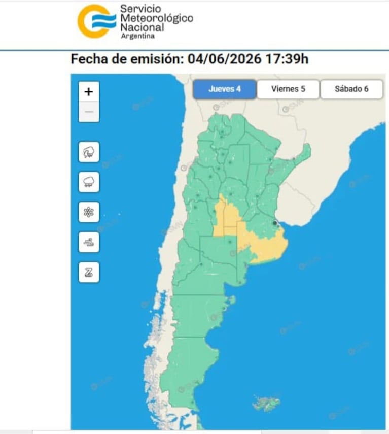 Mapa de alerta por tormentas. Imagen: Servicio Meteorológico Nacional.