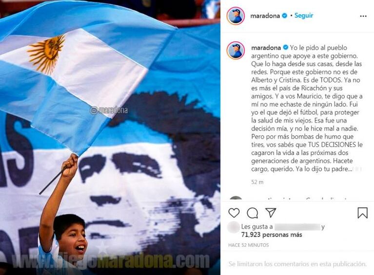 Maradona le respondió a Macri: "Ya no es más el país de Ricachón y sus amigos"