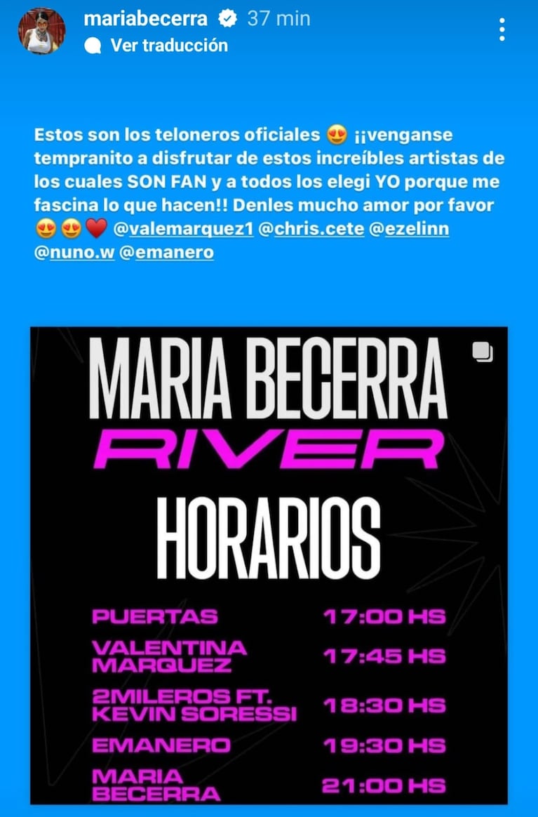 María Becerra elogió a Valentina Márquez antes de su show en River