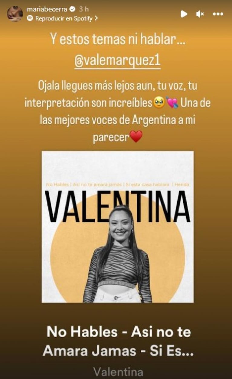 María Becerra elogió a Valentina Márquez en sus redes sociales