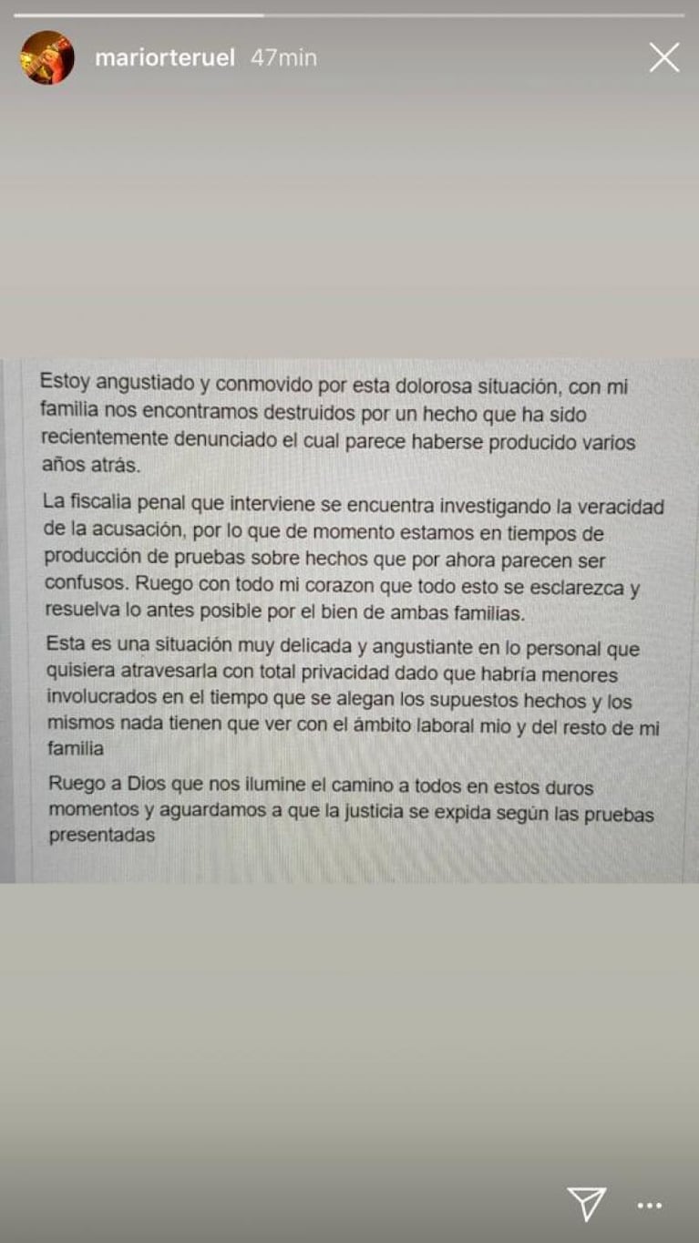 Mario Teruel, sobre su hijo acusado de violación: "Estoy angustiado y conmovido"