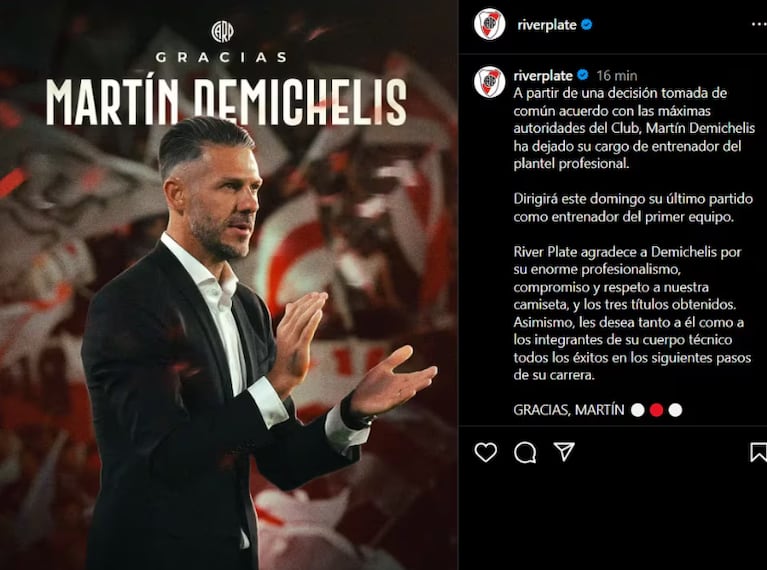 Martín Demichelis dejará de ser el técnico de River.