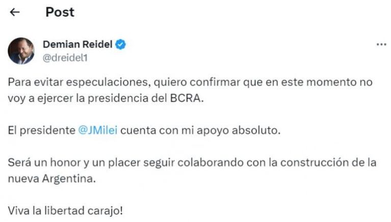 Más cambios en el gabinete de Milei: el candidato a presidir el Banco Central rechazó el puesto