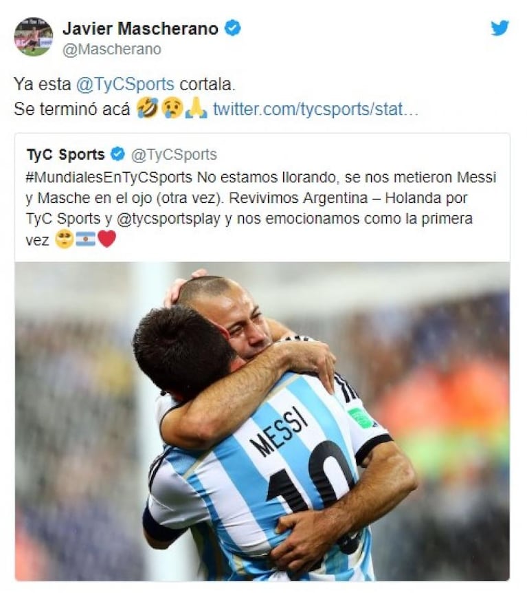 Mascherano, "enojado" con TyC Sports por revivir un partido del Mundial 2014