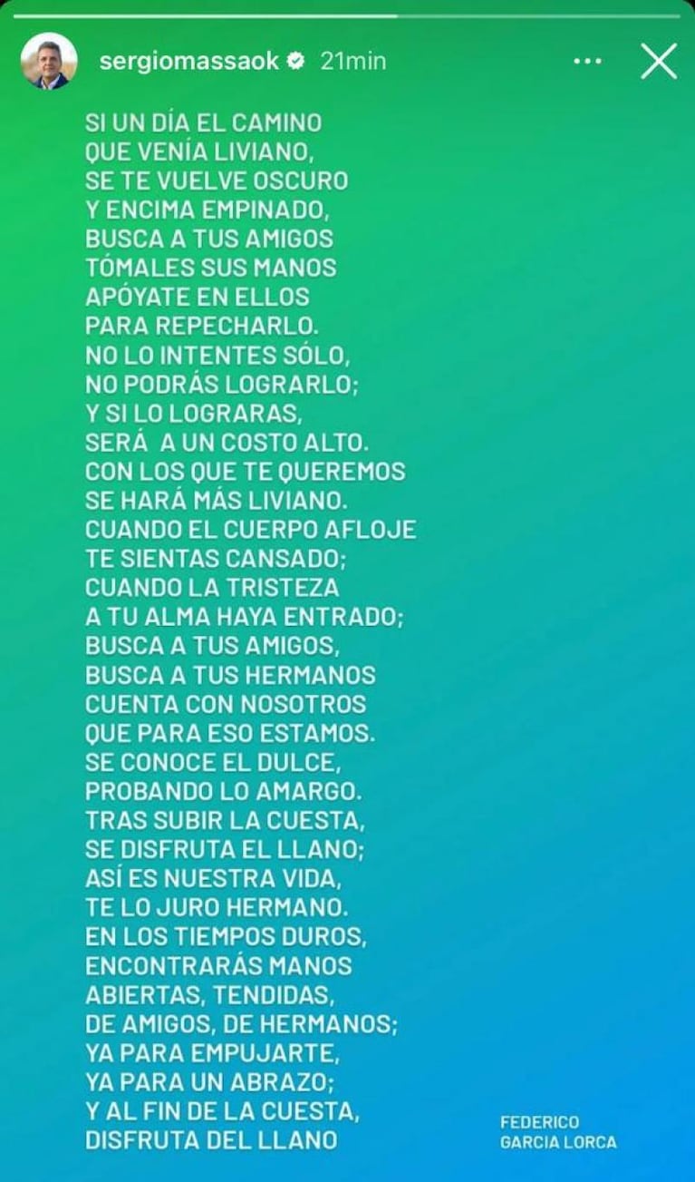 Massa compartió un sentido poema que le adjudicó a García Lorca por error