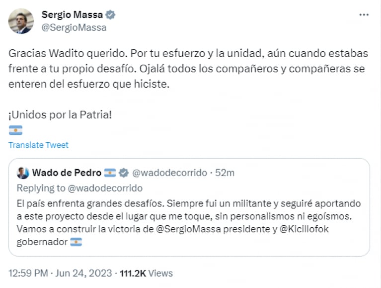 Massa le respondió a Wado de Pedro y resaltó la “unidad”