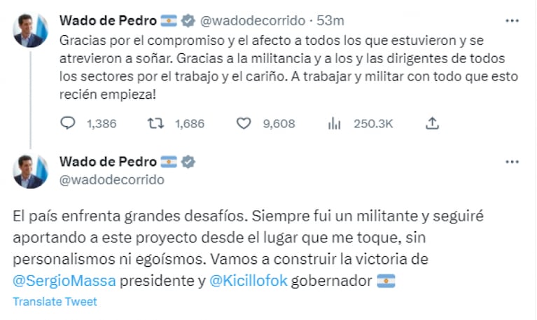 Massa le respondió a Wado de Pedro y resaltó la “unidad”