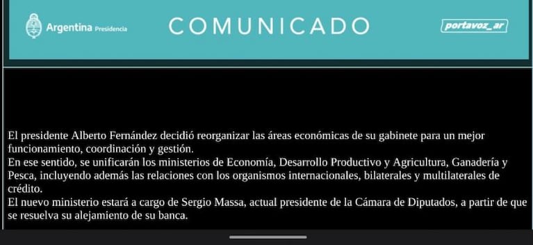 Massa, nuevo superministro: manejará Economía, Desarrollo Productivo y Agricultura