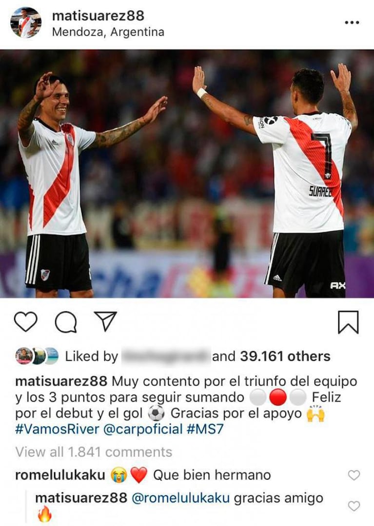 Matías Suárez debutó en River... y en Instagram: hasta Lukaku le respondió