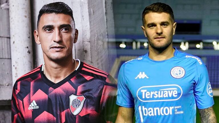 Matías Suárez y Pablo Vegetti con las camisetas de sus nuevos clubes.