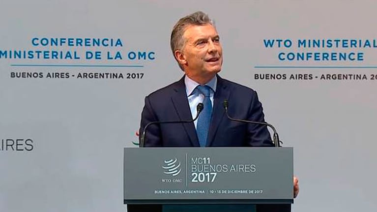 Mauricio Macri disertando en la conferencia de la OMC. 