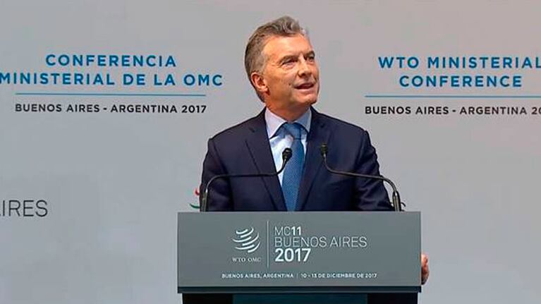 Mauricio Macri disertando en la conferencia de la OMC.