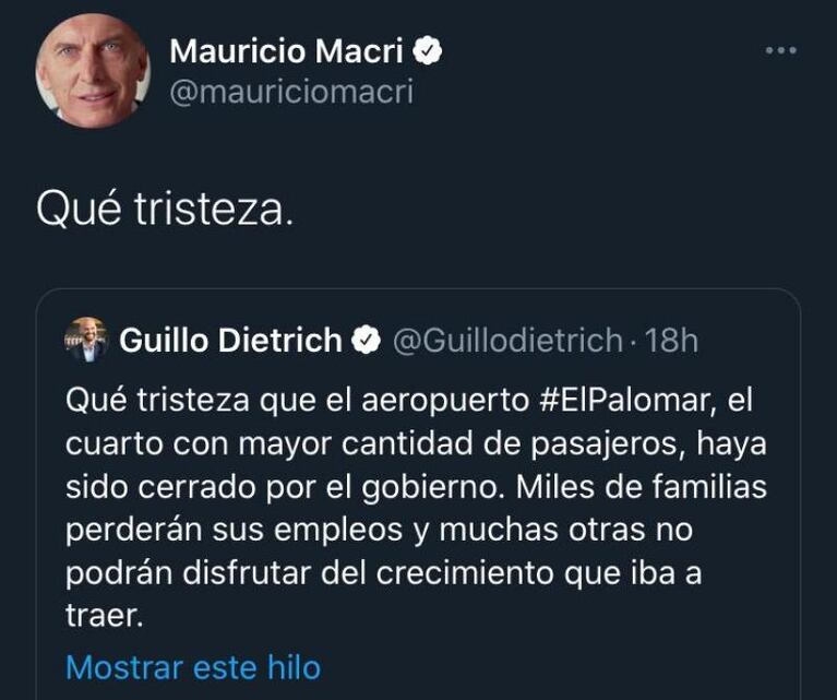 Mauricio Macri lamentó el cierre del aeropuerto de El Palomar