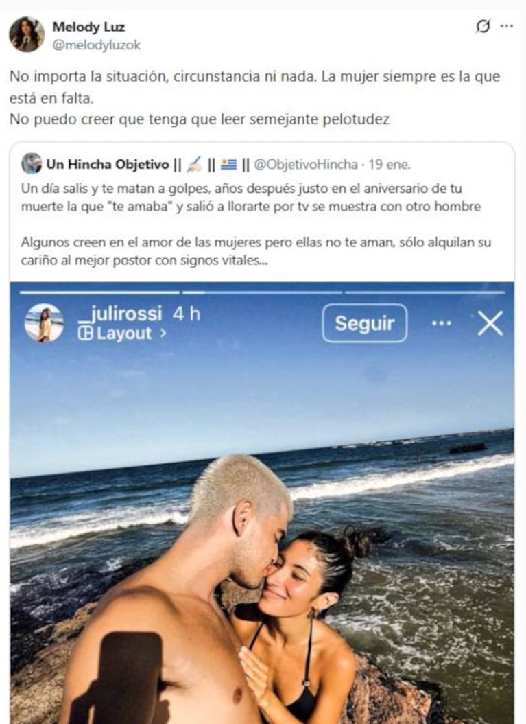 Melody Luz defendió a Julieta Rossi tras el posteo con Agustín Monzón.