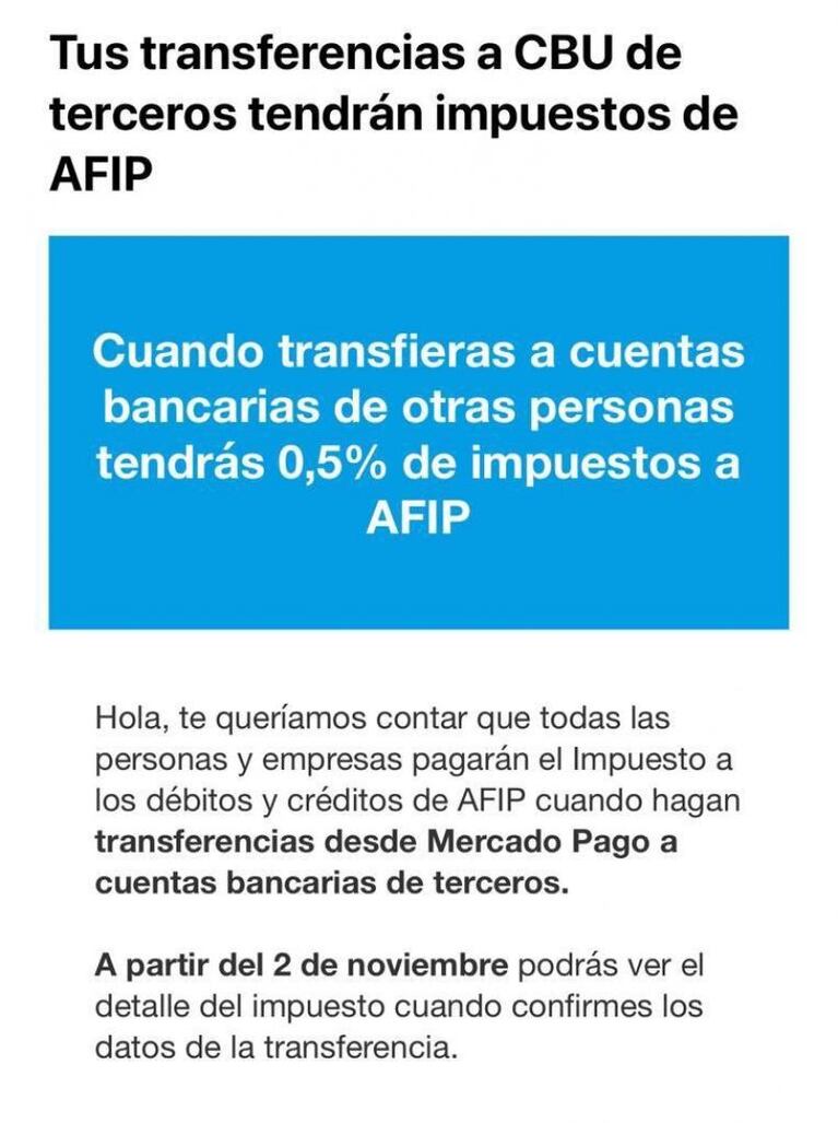 Mercado Pago aplicará un impuesto a las transferencias a cuentas bancarias