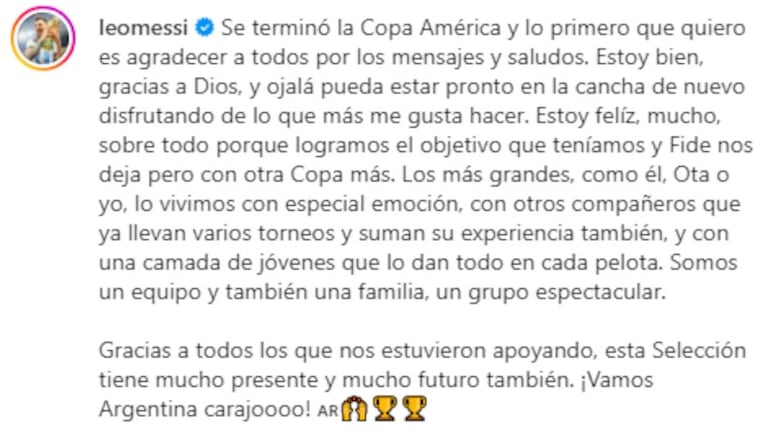 Messi escribió en Instagram tras su lesión.