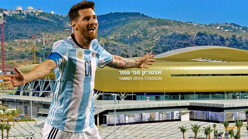 Messi y, de fondo, el lujoso estadio donde jugará en Israel.