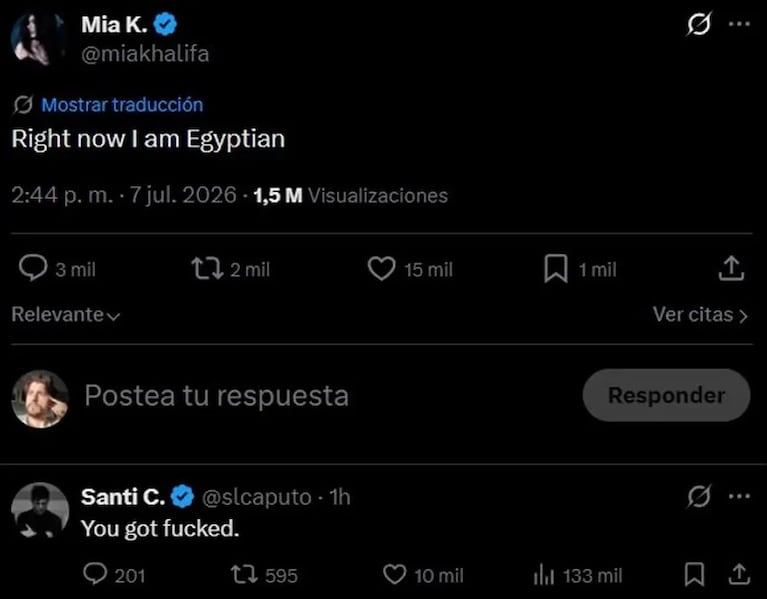 Mia Khalifa tuiteó contra la Selección Argentina y Santiago Caputo la cruzó con un vulgar mensaje