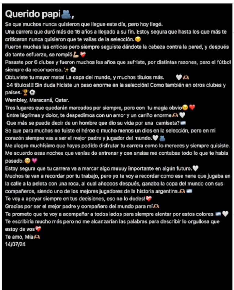 Mía le escribió una carta a su papá Ángel Di María. (Foto: captura de Instagram/@mia_belen_dm)