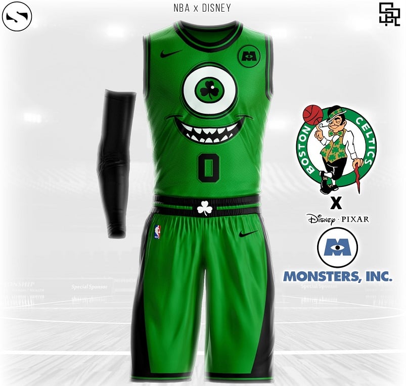 Mike Wazowski, de Monsters Inc, copó la camiseta de Boston Celtics.