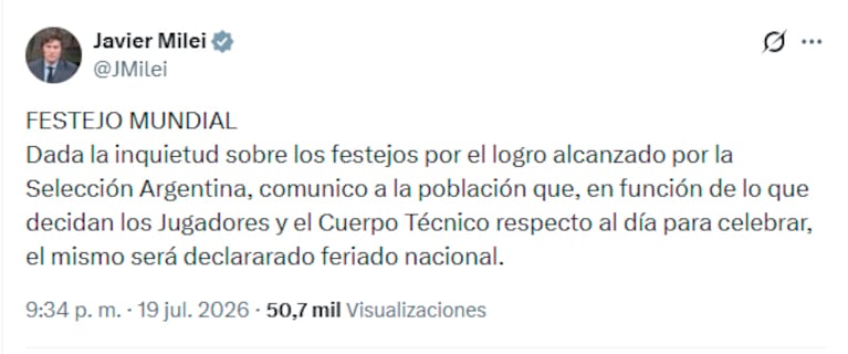 Milei anunció un feriado nacional por la Selección: cuándo será y el motivo