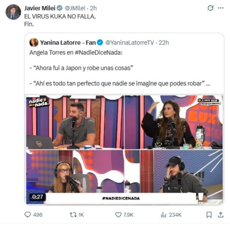 Milei cruzó a Ángela Torres en X.