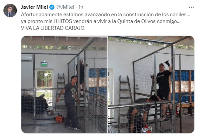 Milei mostró la construcción de caniles para sus perros en Olivos