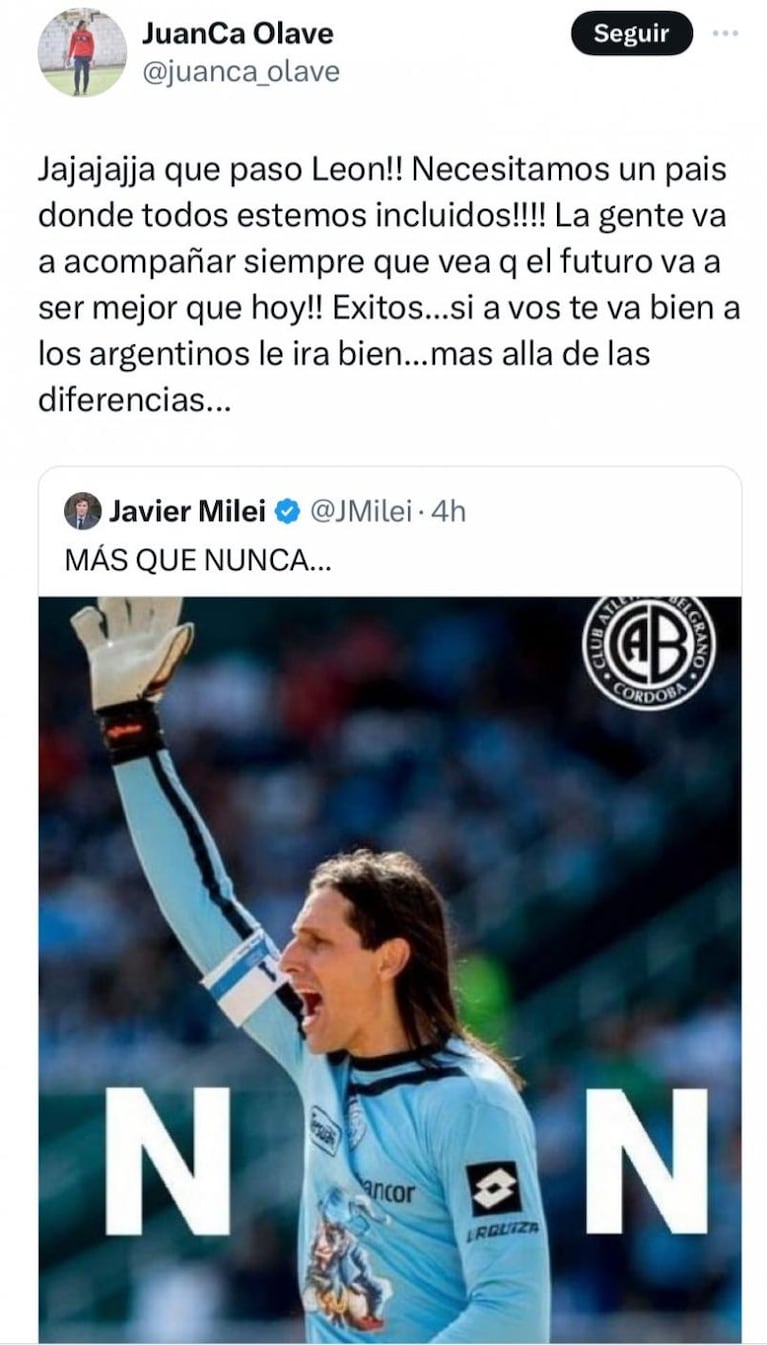 Milei respondi un tuit con un meme de Olave: la respuesta del ex Belgrano