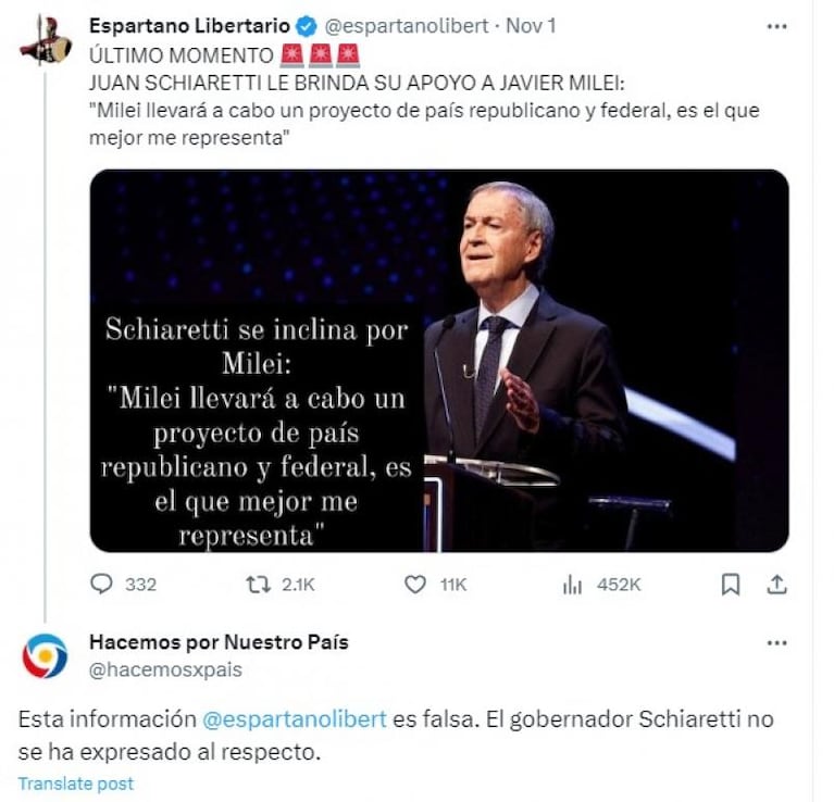 Milei tuiteó un supuesto apoyo de Schiaretti y desde Córdoba lo desmintieron