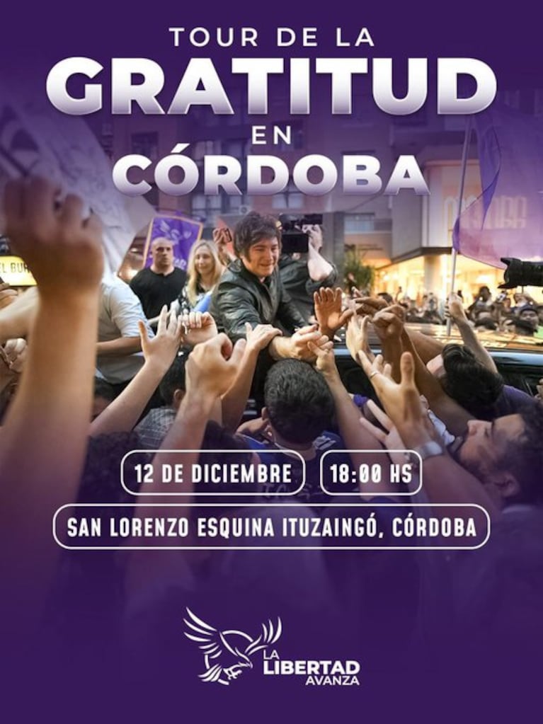 Milei vuelve a Córdoba con el “Tour de la Gratitud” por el triunfo en las elecciones: hora y lugar