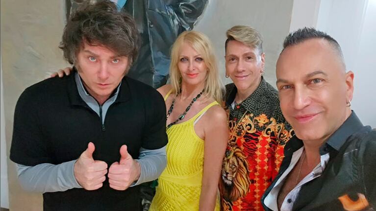 Milei y Yuyito González con Piazza y el esposo del diseñador en Olivos.