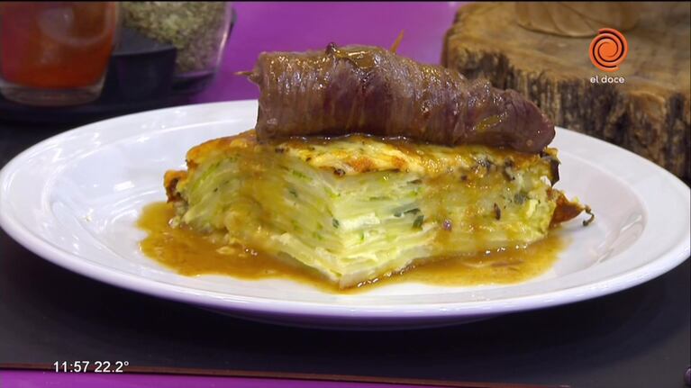 Milhojas de papa con saltimbocas 