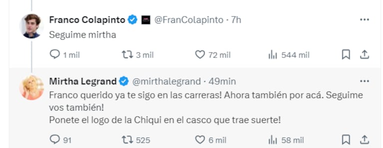 Mirtha Legrand le confirmó a Franco Colapinto que lo sigue en las redes y le retrucó con un particular pedido
