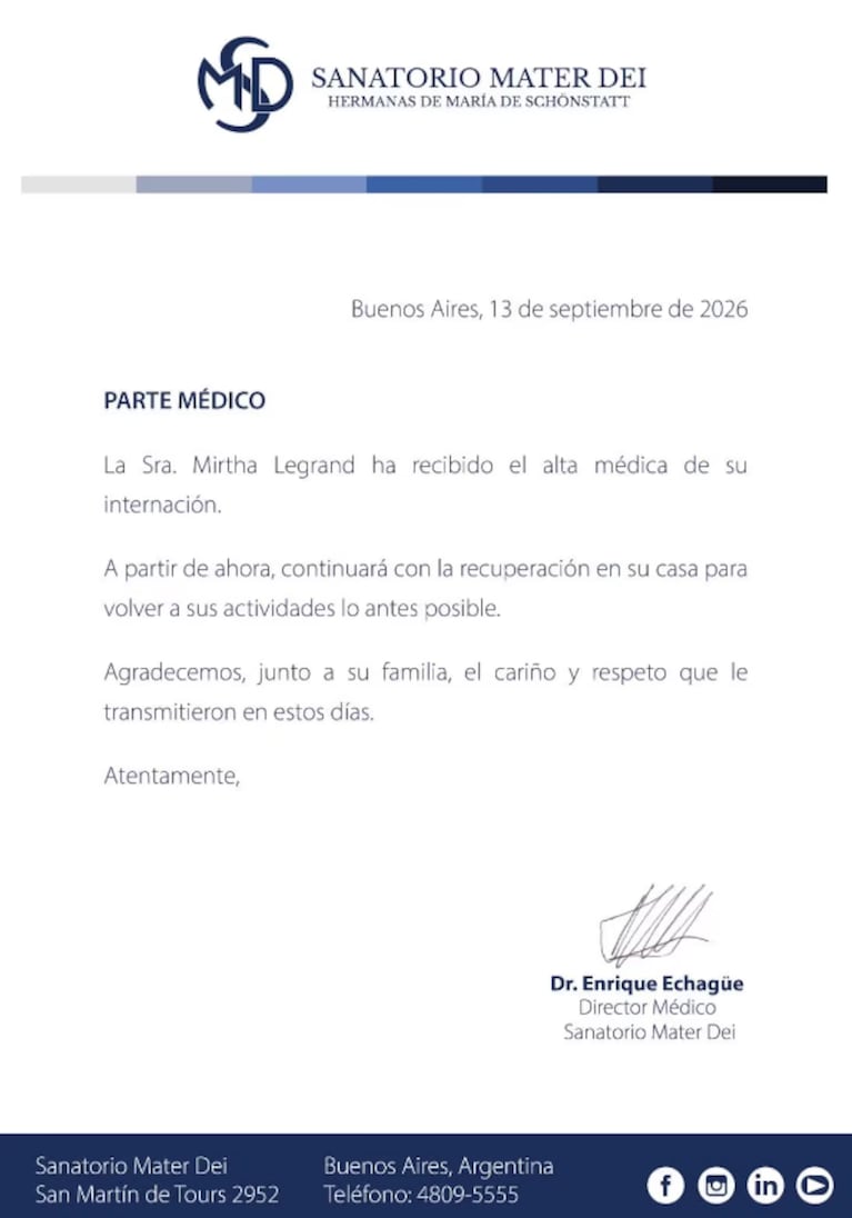 Mirtha Legrand recibió el alta médica tras nueve días internada por una bronquitis