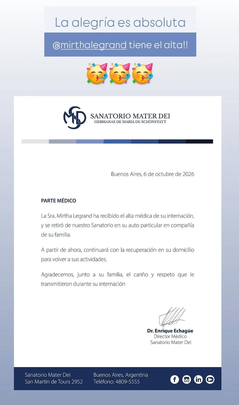 Mirtha Legrand recibió el alta tras 18 días internada: el mensaje de alegría de su familia