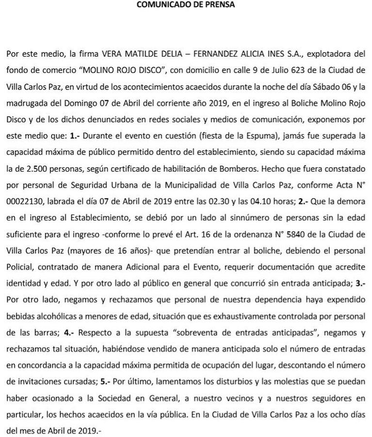 Molino Rojo emitió un comunicado tras las denuncias por descontrol en el boliche