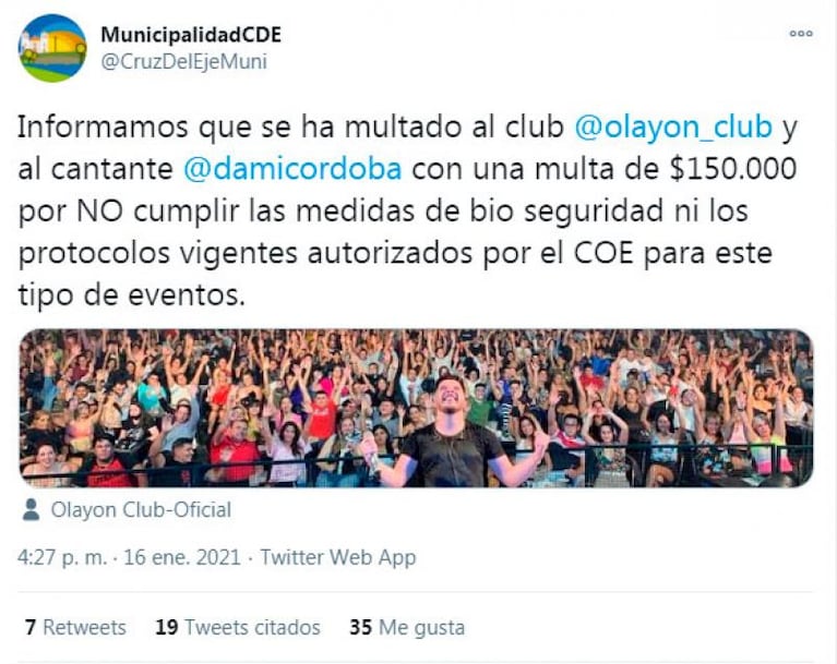 Multa y polémica en Cruz del Eje: “Damián Córdoba no es responsable”