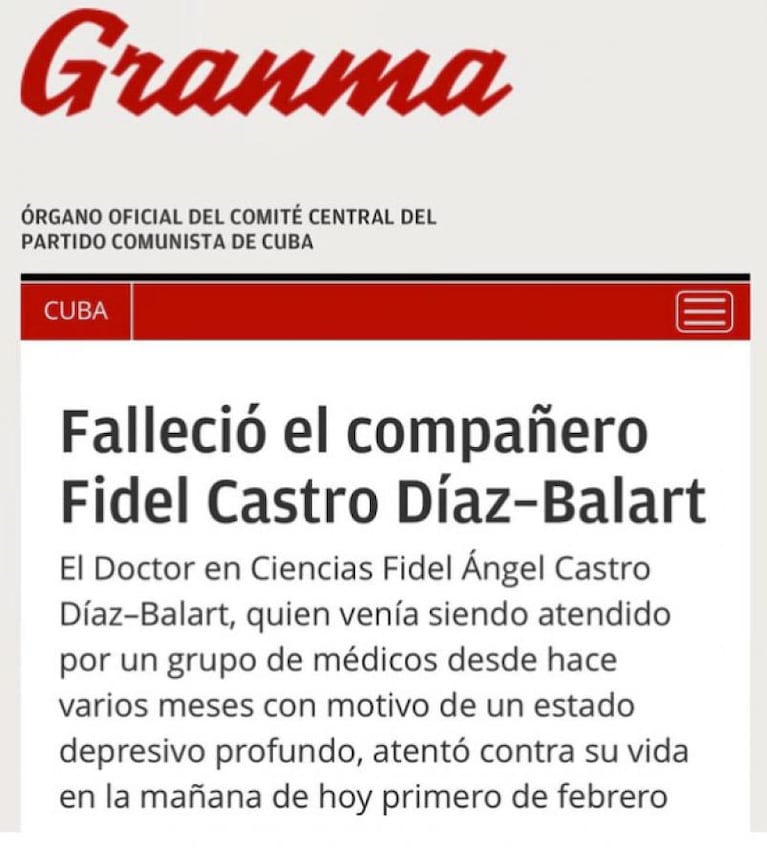 Murió el hijo mayor de Fidel Castro