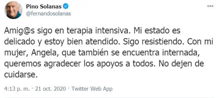 Murió Fernando "Pino" Solanas por coronavirus