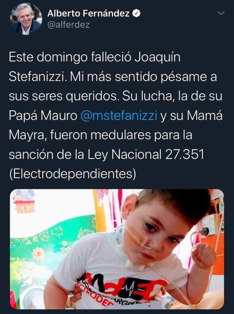 Murió Joaquín Stefanizzi, el nene que impulsó la Ley de Electrodependientes