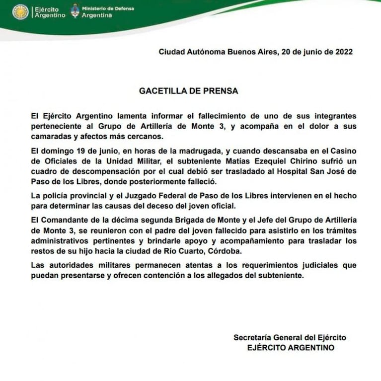 Murió un oficial cordobés tras una "fiesta de iniciación" en Corrientes: el mensaje del Ejército