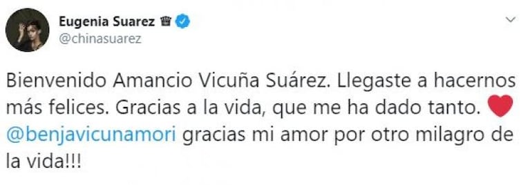 Nació el hijo de la China Suárez y Benjamín Vicuña: le pusieron Amancio y contaron por qué