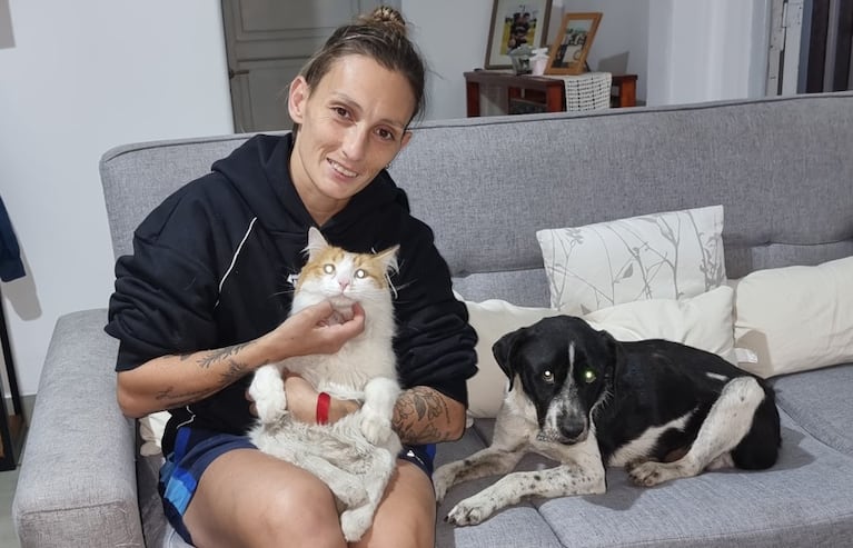 Nancy adoptó un perrito adulto para que conviva con Capitán, su gato con discapacidad.