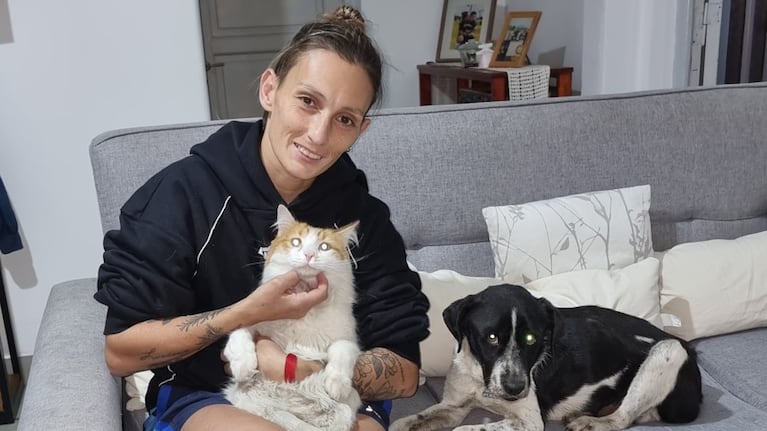 Nancy adoptó un perrito adulto para que conviva con Capitán, su gato con discapacidad.